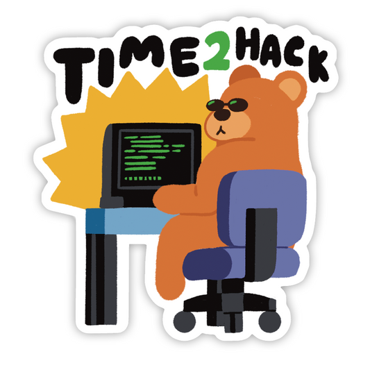 Sticker mockup. A cartoon bear wearing round black glasses sitting at a desk in a computer chair. A black laptop is on the desk with text above it reading "Time 2 Hack".