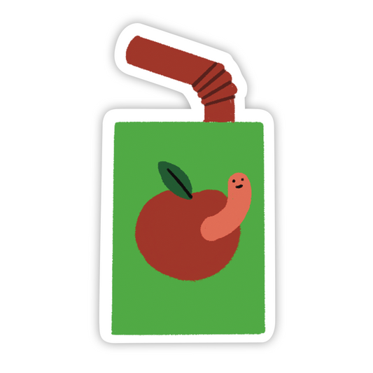 Sticker mockup. A cartoon juicebox with an illustration of a smiling worm coming out of an apple.