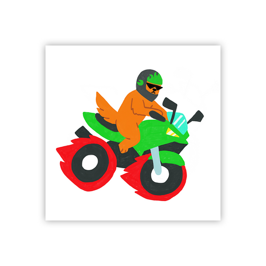Cartoon orange dog riding a green motorbike with flaming wheels. The dog is wearing black sunglasses and a bike helmet with green flames.