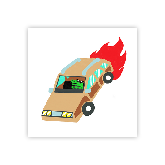 Cartoon green crocodile wearing black sunglasses and driving a brown station wagon. There are flames coming from the back of the car.Cartoon green crocodile wearing black sunglasses and driving a brown station wagon. There are flames coming from the back of the car.