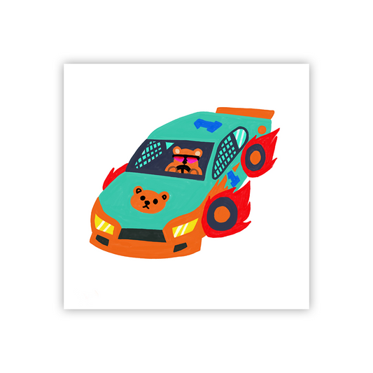 Cartoon bear driving a teal nascar with a bear logo on the hood. Flames are coming from the tires.