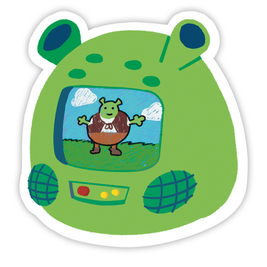 Sticker mockup. A cartoon depiction of a smiling Shrek on the screen of a promotional Shrek TV.