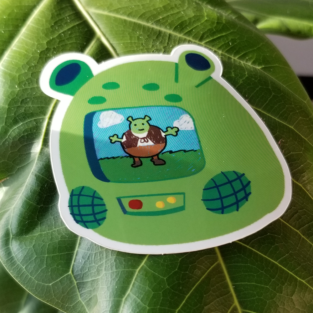The physical sticker on a green leaf.