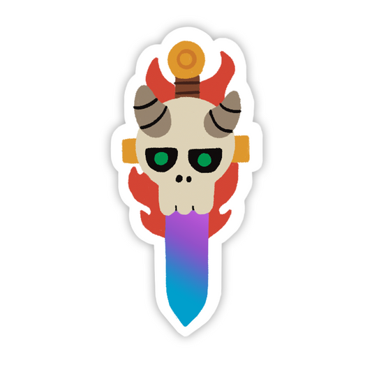 Sticker mockup. A cartoon skull with glowing green eyes and horns backdropped by flames and a sword.